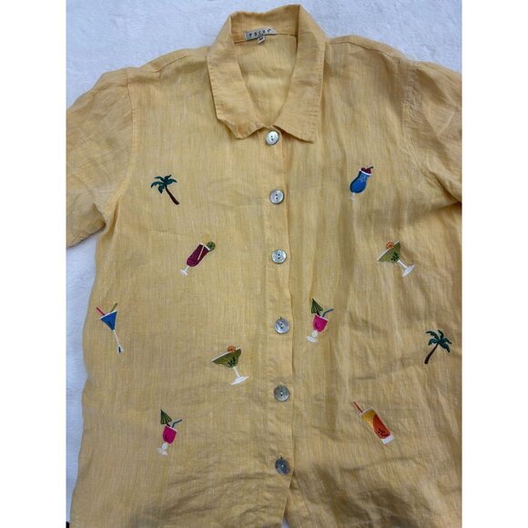 VTG Focus Medium- Yellow 100% Linen Button-Up Shirt W/ Tropical Embroidery - Picture 8 of 9